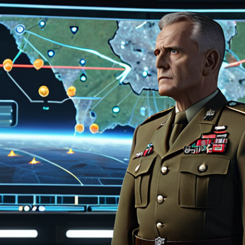 Home 4 A Top War commander meticulously analyzing a battle simulation on a holographic screen, strategizing troop formations and hero pairings, with a determined expression and advanced technology surrounding them.