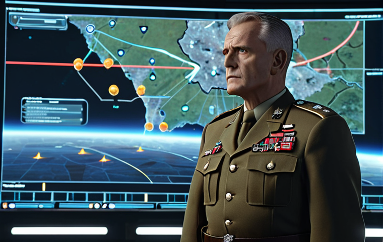 A Top War commander meticulously analyzing a battle simulation on a holographic screen, strategizing troop formations and hero pairings, with a determined expression and advanced technology surrounding them.